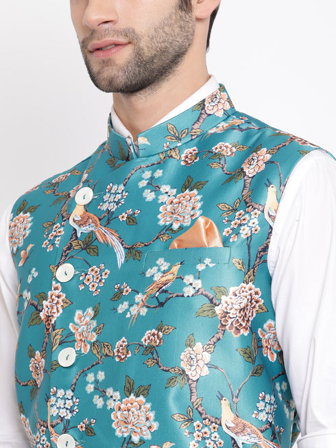 Men's Turquoise Digital Printed Royal Angrakha Nehru Jacket